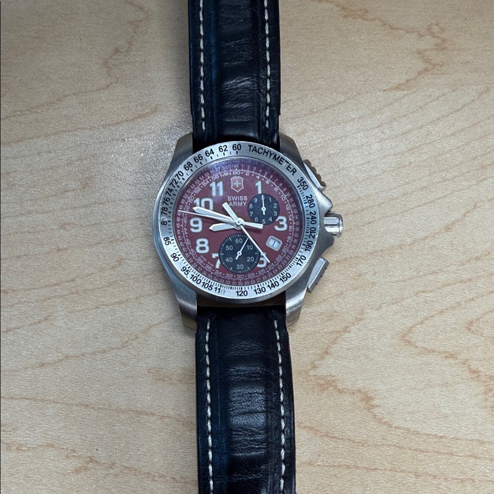Swiss Army Red Dial Chronograph Watch with Black Leather Strap